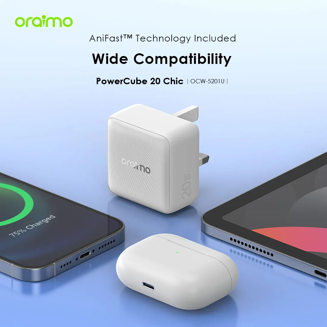 oraimo PowerCube 20 Chic 20W GaN Wall Charger Kit with Type-C to Type-C Cable OCW-5201U-CC54 OCW 5201E CC54 WHITE 3 1