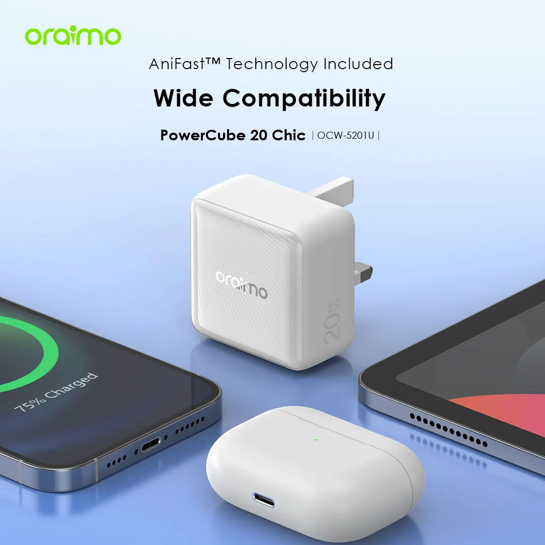 oraimo PowerCube 20 Chic 20W GaN Wall Charger Kit with Type-C to Lightning Cable OCW-5201U-CL55 OCW 5201U CL55 WHITE 1 3 1