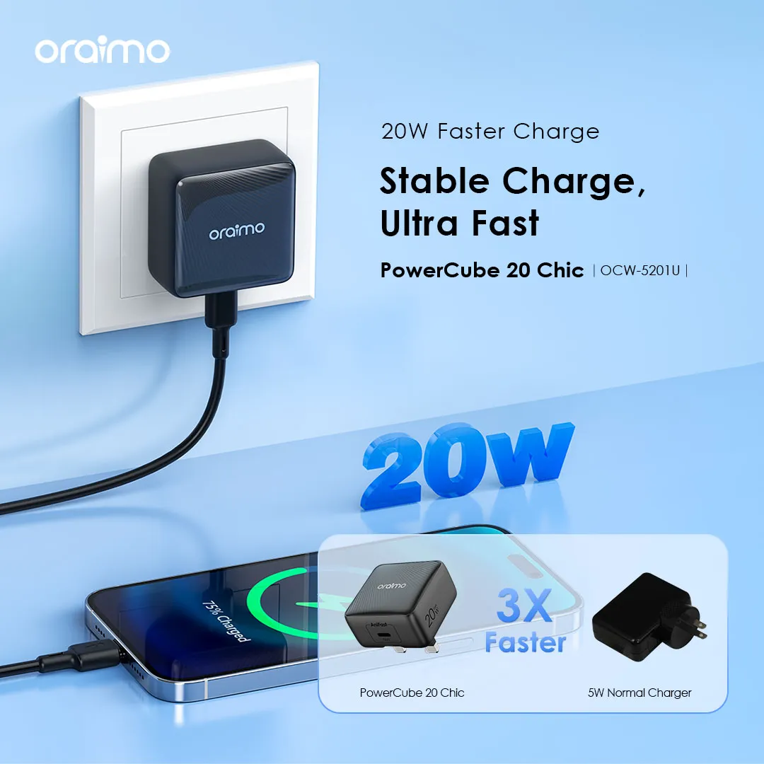 oraimo PowerCube 20 Chic 20W GaN Wall Charger Kit with Type-C to Lightning Cable OCW-5201U-CL55 OCW 5201U CL55 WHITE 1 5 1