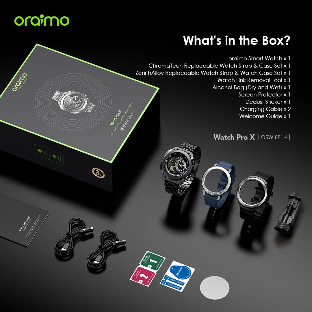 oraimo Watch Pro X 1.43'' Amoled IP68 Smart Watch with 2 Replaceable Watch Cases & Straps OSW-851H OSW 851H FB 12