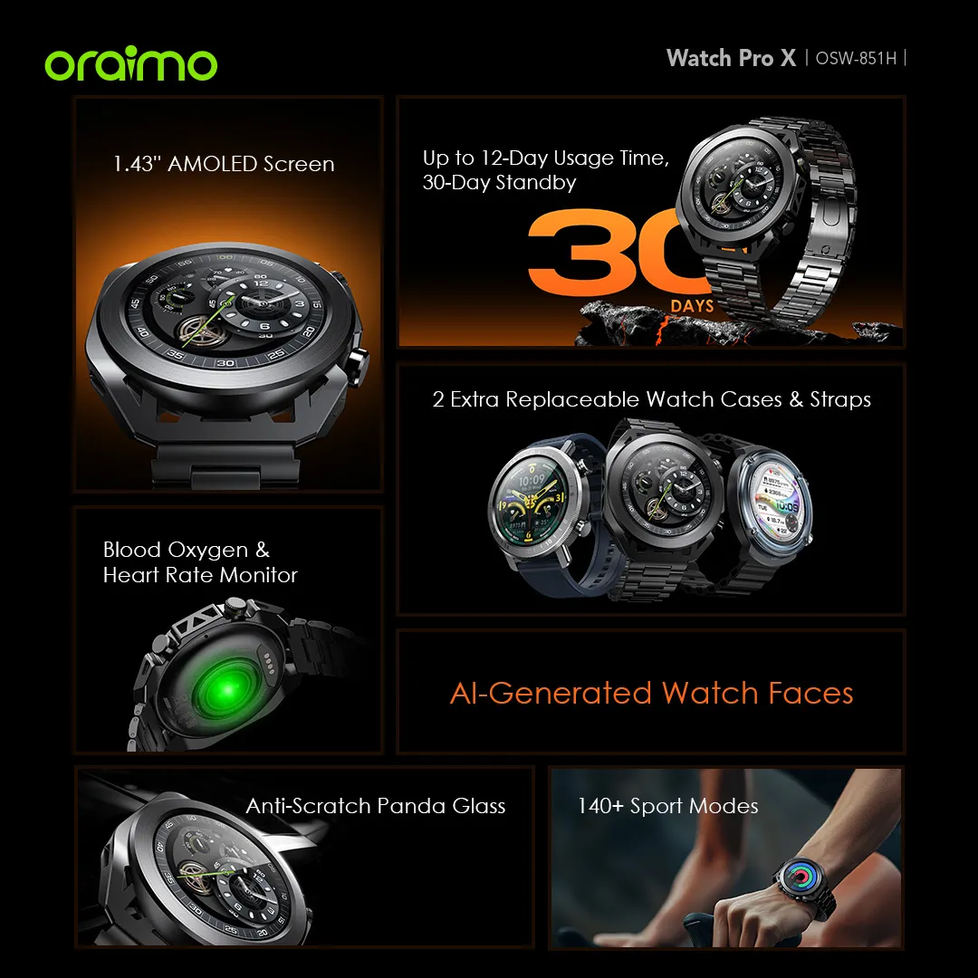 oraimo Watch Pro X 1.43'' Amoled IP68 Smart Watch with 2 Replaceable Watch Cases & Straps OSW-851H OSW 851H FB 2