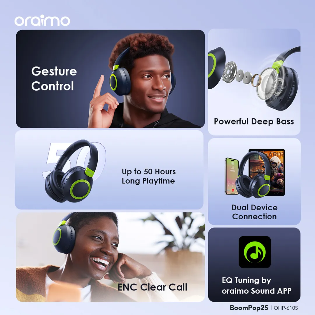 oraimo BoomPop2S ENC Over-Ear Wireless Headphones OHP-610S oraimo BoomPop2S ENC Over Ear Wireless Headphones ohp 610s 11