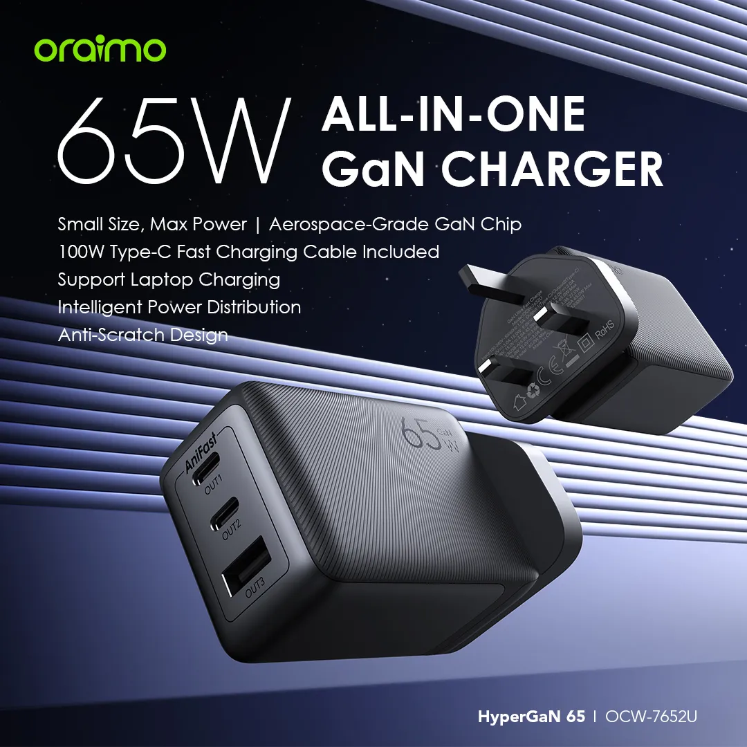 oraimo HyperGaN 65 65W GaN Wall Charger Kit with 100W CC Cable OCW-7652U oraimo HyperGaN 65 65W GaN Wall Charger Kit with 100W CC Cable OCW 7652U 1