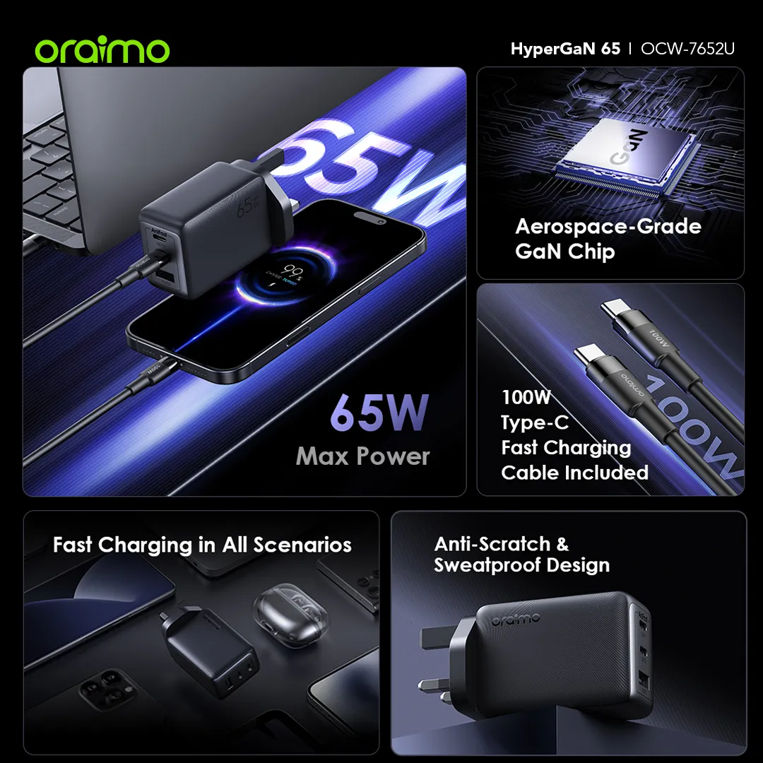 oraimo HyperGaN 65 65W GaN Wall Charger Kit with 100W CC Cable OCW-7652U oraimo HyperGaN 65 65W GaN Wall Charger Kit with 100W CC Cable OCW 7652U 11