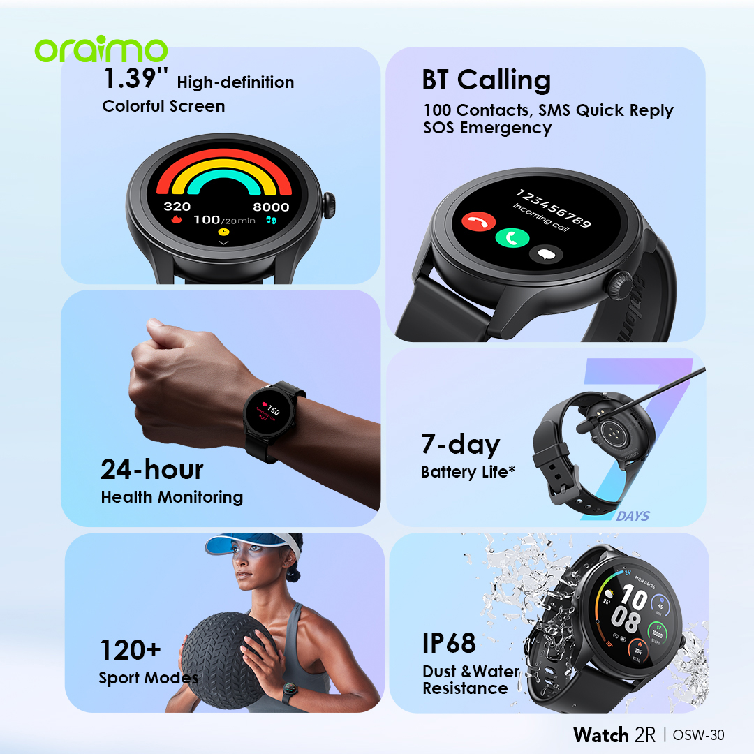 oraimo Watch 2R 1.39" TFT IP68 Smart Watch OSW-30 oraimo Watch 2R 1.39 TFT IP68 Smart Watch osw 30 12