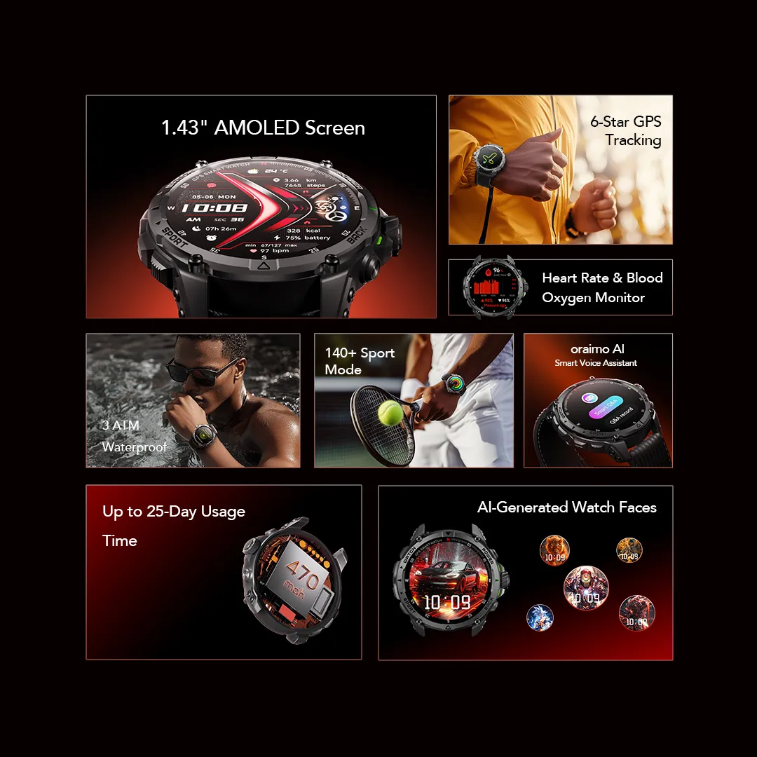 oraimo Watch GT 1.43" AMOLED 3ATM GPS Smart Watch with 2 Replaceable Straps OSW-852H oraimo Watch GT OSW 852H smart watch features