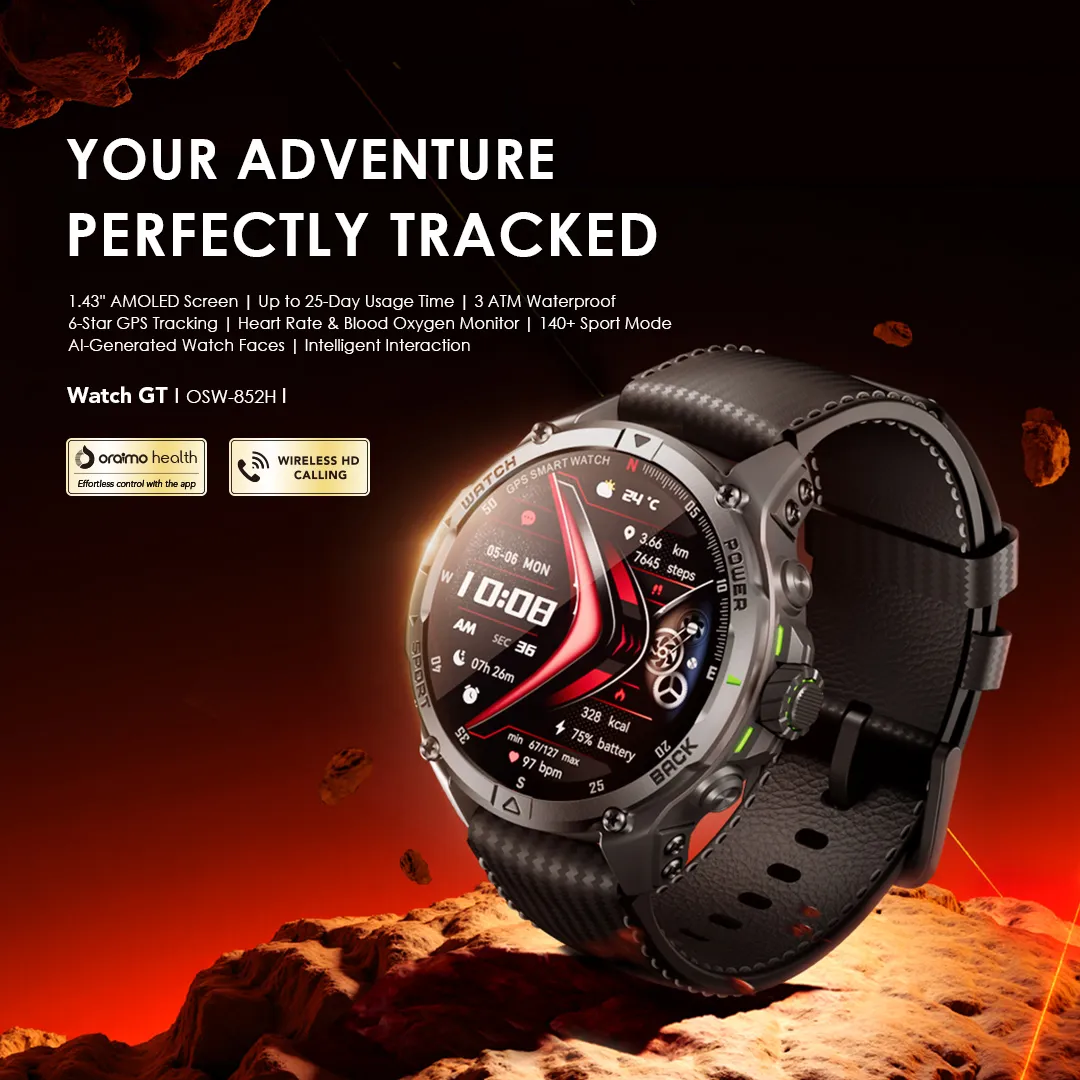 oraimo Watch GT 1.43" AMOLED 3ATM GPS Smart Watch with 2 Replaceable Straps OSW-852H oraimo Watch GT OSW 852H smart watch main