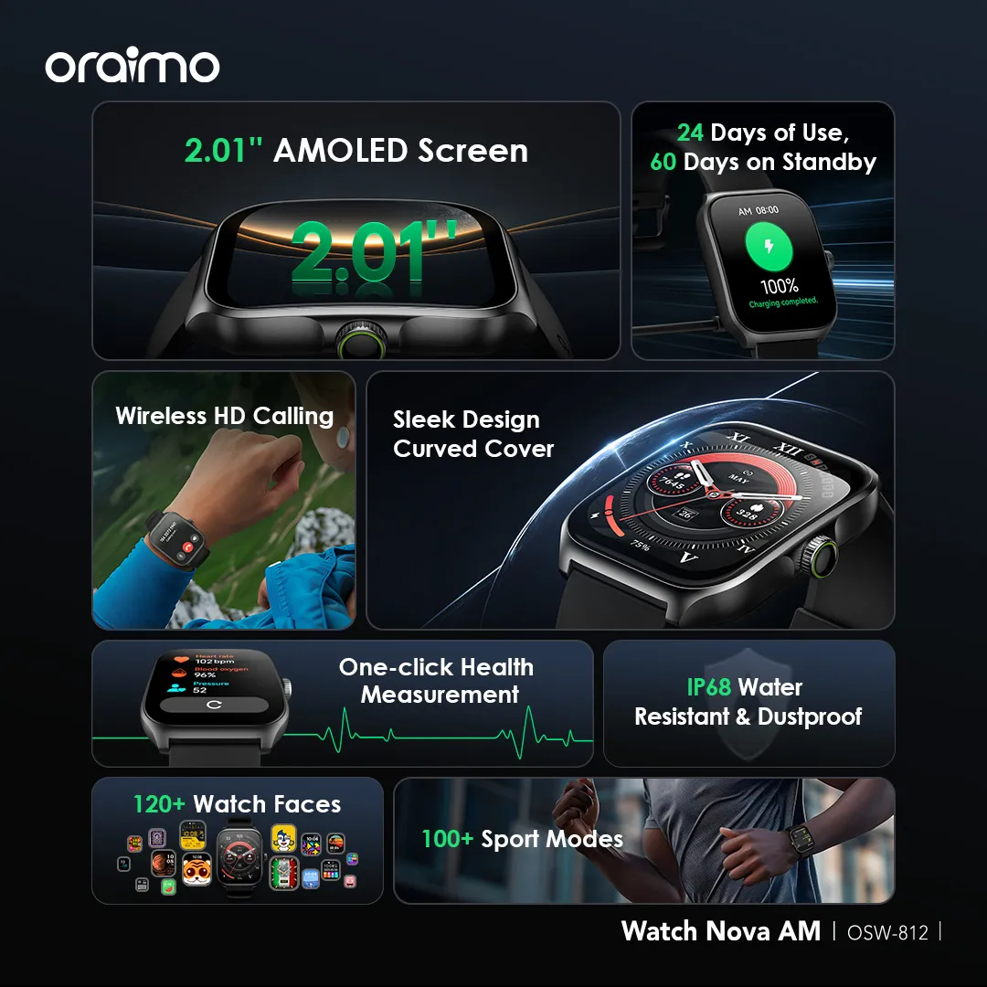 oraimo Watch Nova AM 2.01 AMOLED Screen Curved Cover Smart Watch OSW-812 oraimo Watch Nova AM 2.01 AMOLED Screen Curved Cover Smart Watch osw 812 10