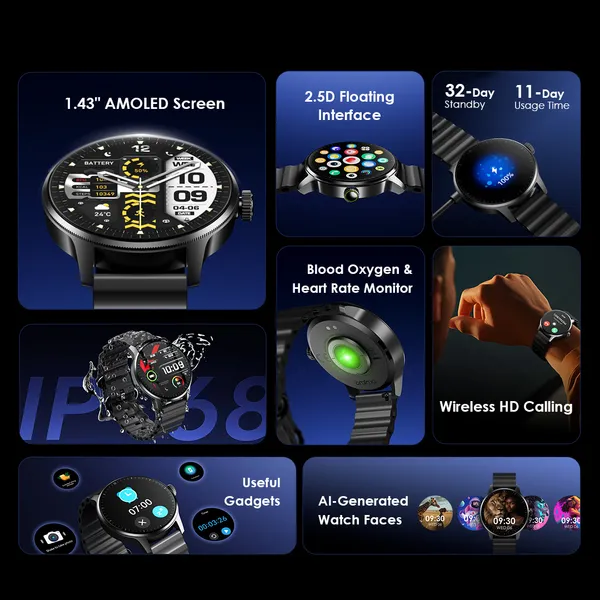 oraimo Watch 5R Pro 1.43" AMOLED 2.5D Floating Interface IP68 Smart Watch OSW-830 OSW 830 b1 3 US