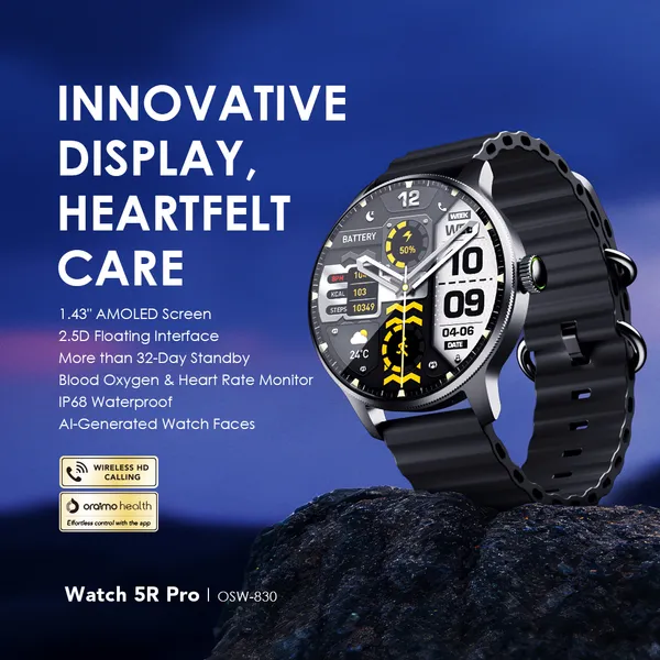 oraimo Watch 5R Pro 1.43" AMOLED 2.5D Floating Interface IP68 Smart Watch OSW-830 oraimo smart watch watch 5r pro osw 830 0
